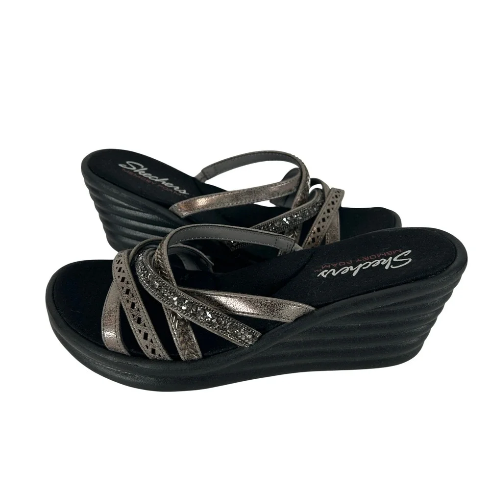 Skechers Rumblers Sci-Fi Wedge Sandals Pewter Metallic Strappy Rhinestone Size 7